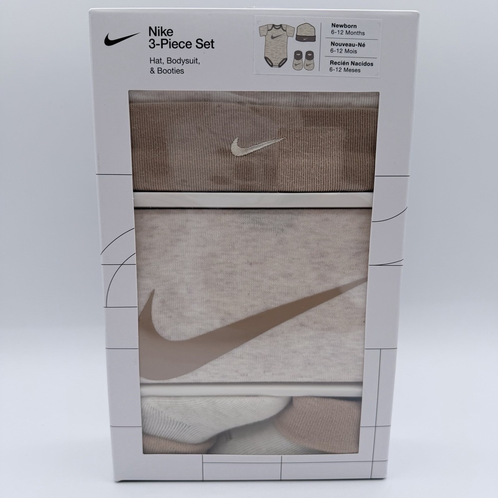 Nike Baby 3Pc Outfit Set Hat Bodysuit Booties 6-12M Jersey Beige Cream NIB